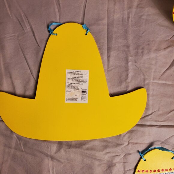 Cute Sombrero Yellow Glitter Hanging Sign Decor Fiesta Party Decoration Set of 5 - Picture 5 of 5